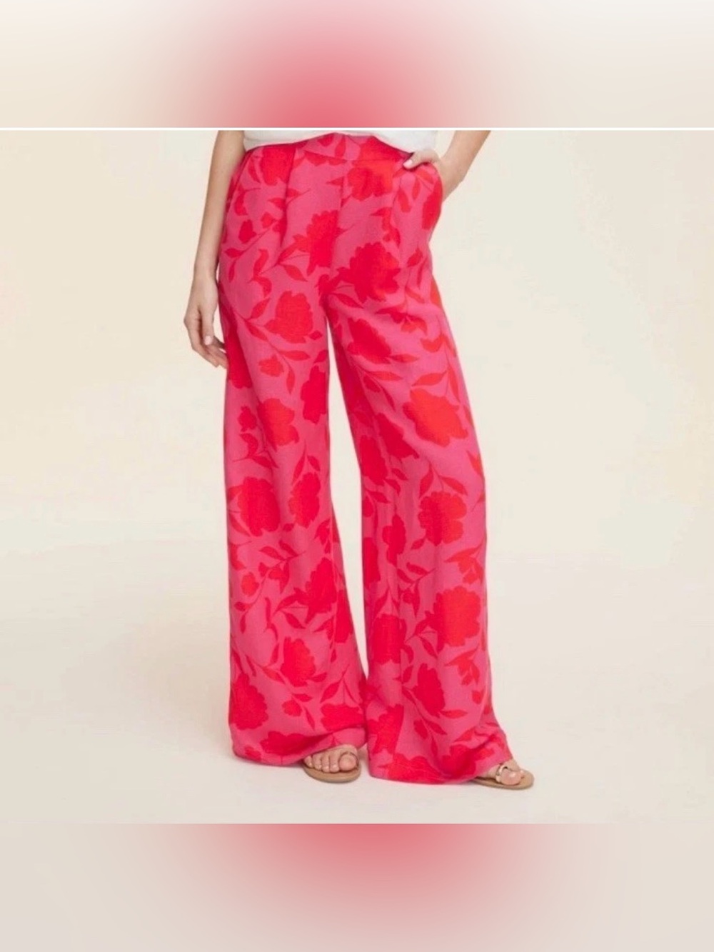 kate spade Red Pink Pull on High Rise Wide-Leg Floral Print Pants Linen Rayon XS
